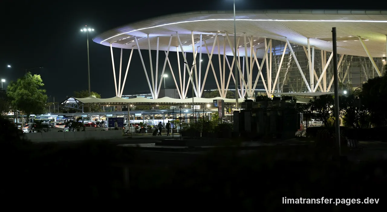Lima Jorge Chávez airport arrivals zone at night with the terminal lit up and a few waiting drivers