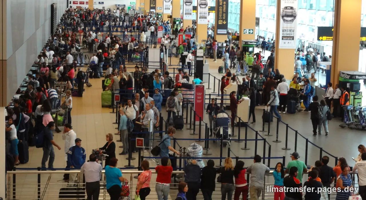 Interior of the new Jorge Chávez International Airport terminal in Lima with departure boards and waiting passengers